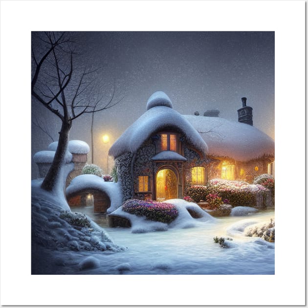 Magical Fantasy House with Lights in a Snowy Scene, Fantasy Cottagecore artwork Wall Art by Promen Art